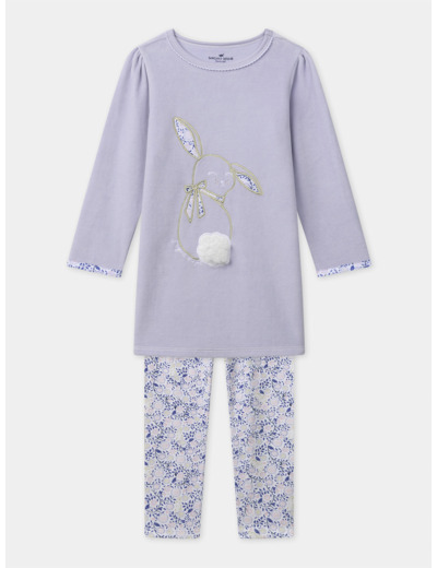Chemise de nuit violet à broderie lapin et patch pompon et legging fleuri Fille