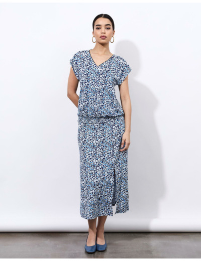 Jupe midi évasée imprimé à fleurs BLEU