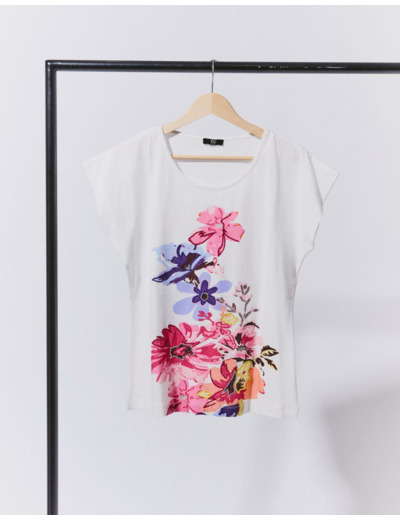 T-Shirt manches courtes 100% coton imprimé placé BLANC Femme