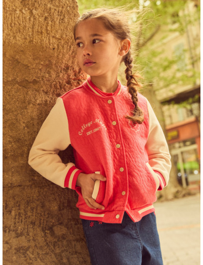 Veste Teddy rouge corail à broderie fleuries et manches longues écrues Fille