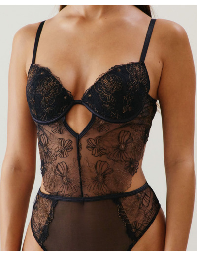Body push-up en mesh brodé fleuri noir