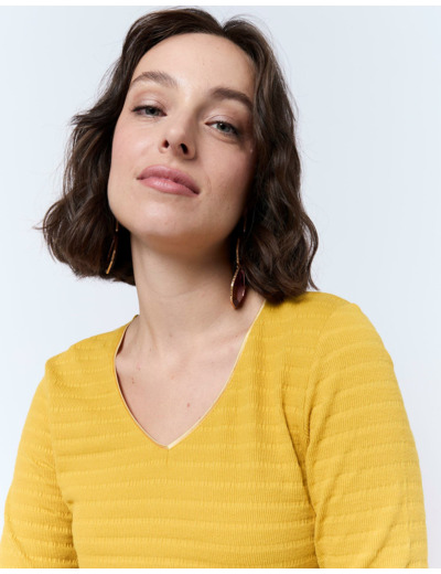 T-Shirt manches longues en mélange coton uni JAUNE Femme