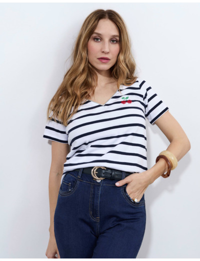 T-Shirt manches courtes 100% coton rayée MARINE Femme
