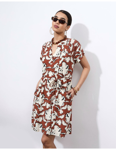 Robe courte imprimé à fleurs MARRON