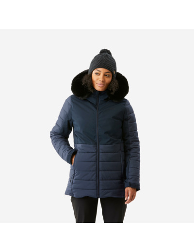 Veste de ski chaude mi-longue femme, 100 bleu marine