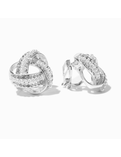 Clous d'oreilles à clip nœud noué perle d'imitation et strass couleur argentée