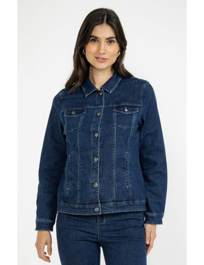 Veste denim brut avec strass fleurs