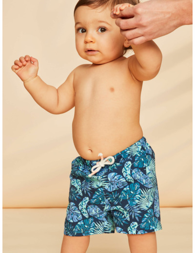 Short de bain bleu marine et vert à imprimé feuillage