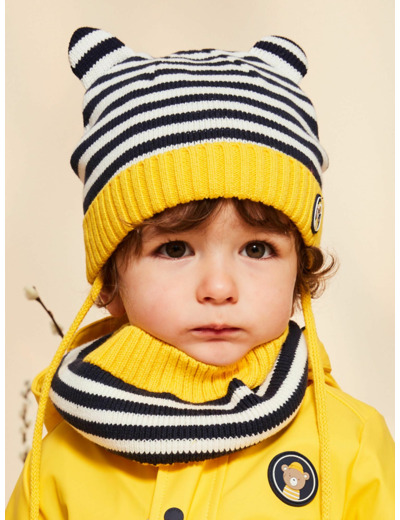 Bonnet en tricot bleu marine avec oreilles 3D et rayures