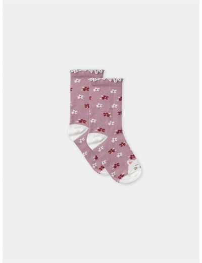 Chaussettes rose imprimé fleuries et tête de chat Bébé Fille