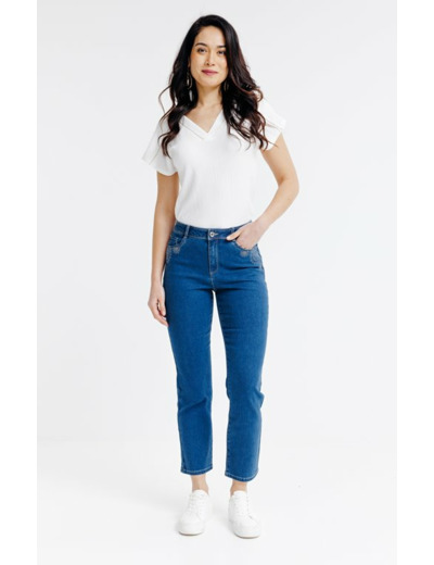 Pantacourt denim coupe droite, broderie
