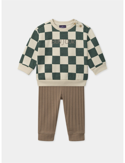 Ensemble sweat à carreaux écru et vert avec legging marron Bébé Garçon