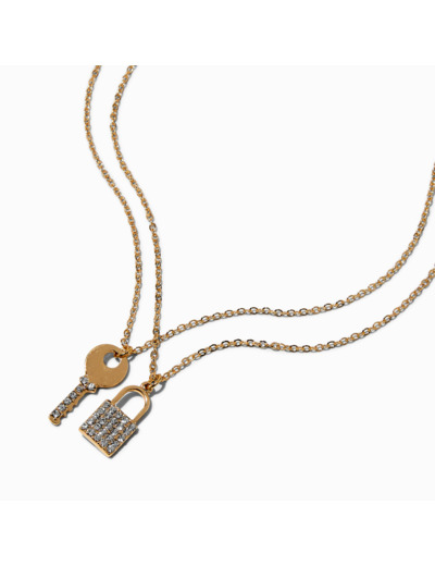 Colliers à pendentifs couleur dorée clé et cadenas pavé - Lot de 2