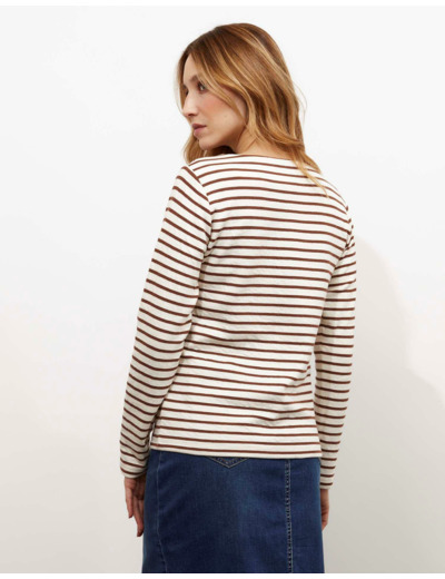 Tee-shirt marinière manches longues en mélange coton rayée MARRON Femme