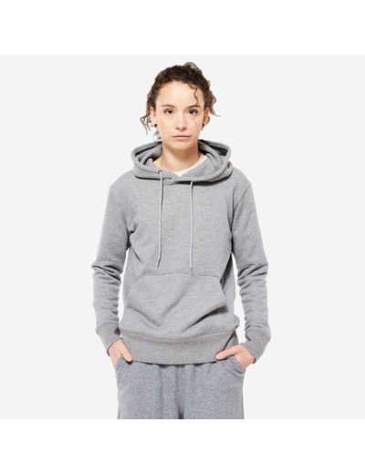 Sweat à capuche en coton fitness femme, gris