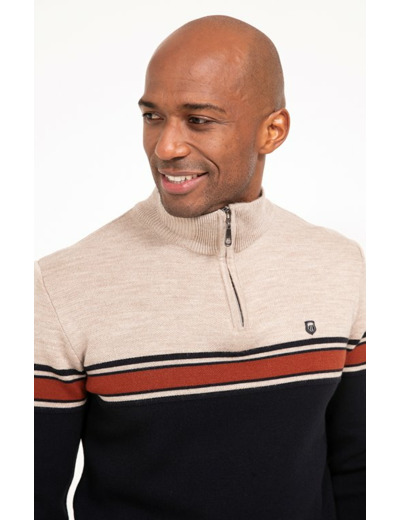 Pull col rond rayé brique