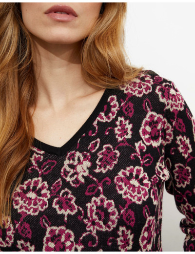 Pull fin Jacquard motif fleurs NOIR Femme
