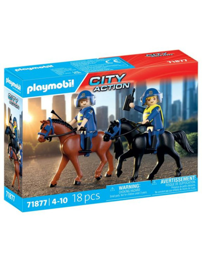 2 POLICIERS CAVALIERS AVEC LEURS CHEVAUX PLAYMOBIL CITY ACTION 71877