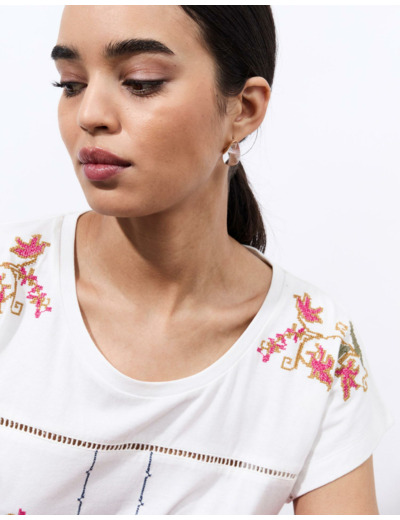 T-Shirt manches courtes 100% coton uni décoré ECRU Femme
