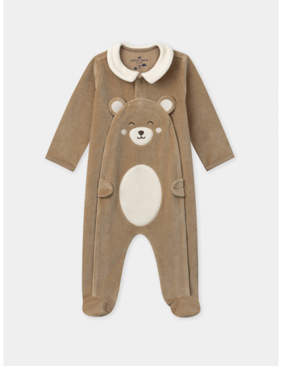 Grenouillère en velours marron avec ours Bébé Garçon