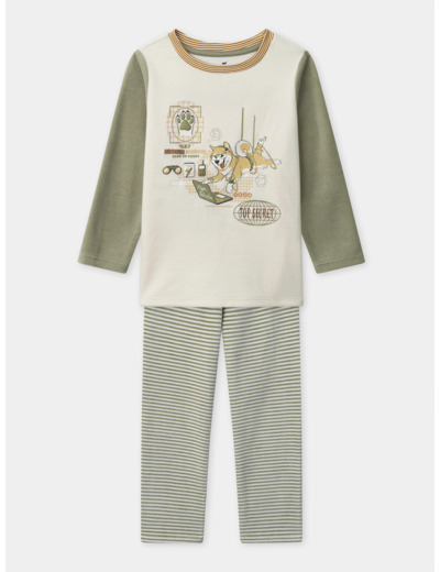 Pyjama écru et vert kaki en velours imprimé chien Garçon