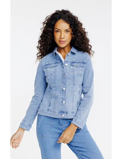 Veste denim bleach broderie all over