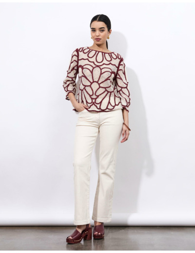 Pull fin court uni décoré BORDEAUX Femme