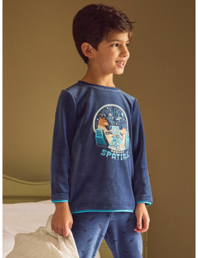 Pyjama bleu foncé en velours imprimé ours Garçon