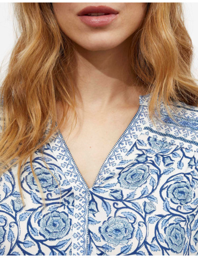 Blouse manches 3/4 imprimé à fleurs BLEU Femme