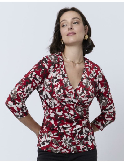 Top manches 3/4 imprimé à fleurs ROUGE Femme