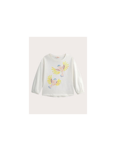T-shirt écru manches longues animation oiseaux