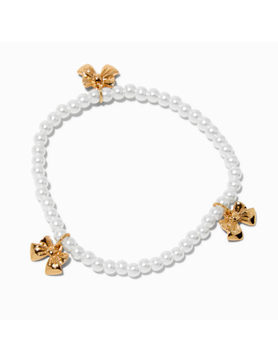 Bracelet élastique perlé perles d'imitation et nœud couleur dorée