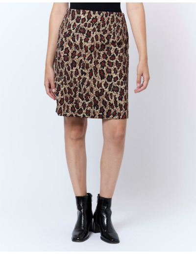 Jupe courte droite en jacquard imprimé léopard BEIGE