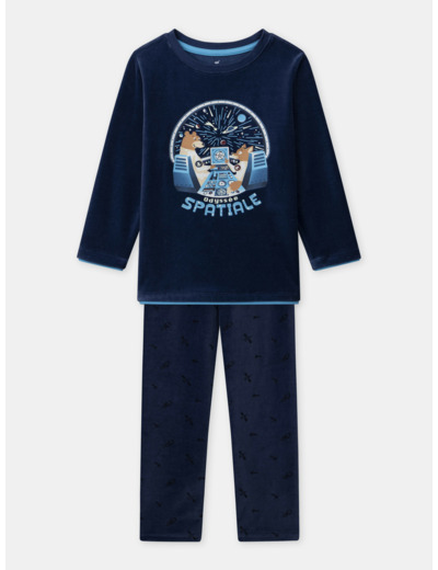 Pyjama bleu foncé en velours imprimé ours Garçon