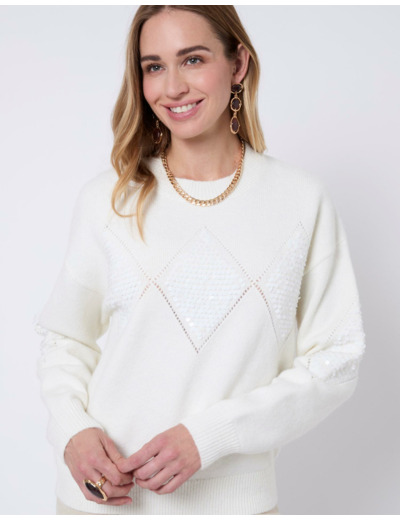 Pull épais en mélange laine uni décoré ECRU Femme