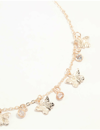 Gold Diamante Butterfly Drop Charm Necklace