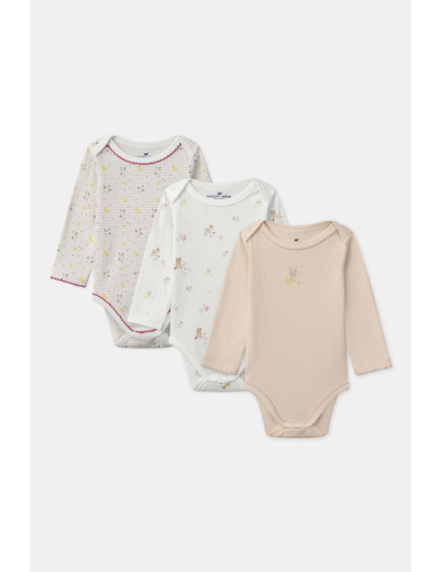Lot de 3 bodies bébé fille à manches longues en coton issu de l'agriculture biologique