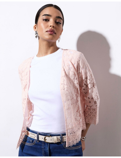 Gilet manches 3/4 en dentelle uni ROSE PALE Femme