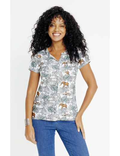 Tee-shirt col mao imprimé feuillage