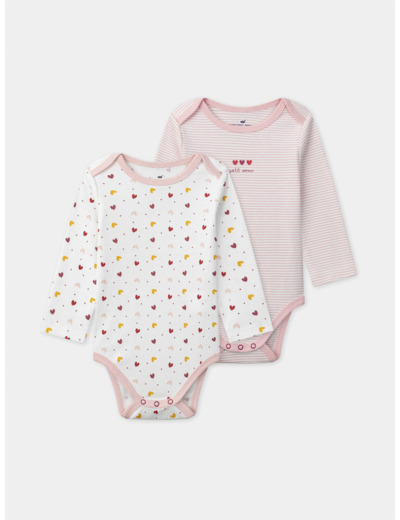 Lot de 2 bodies à rayures rose ou imprimés coeurs Bébé Fille