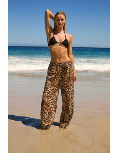 Pantalon fluide élaqstiqué en coton à imprimé léopard,Pantalon fluide élaqstiqué en coton à imprimé léopard;${refinementColor}