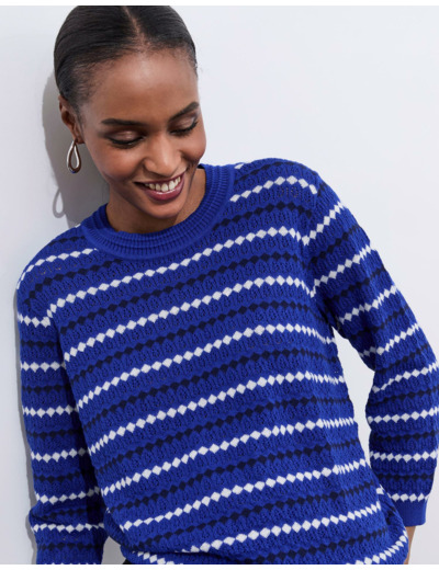 Pull fin en mélange coton rayé BLEU Femme