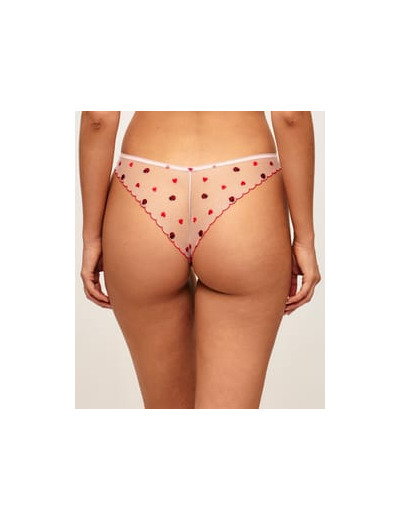 Tanga en microfibre et mesh avec cœurs et coccinelles brodés