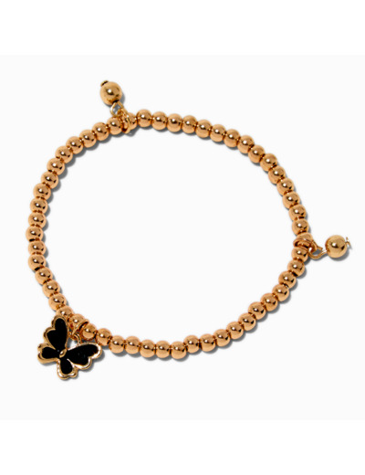 Bracelet élastique perlé couleur dorée et papillon émaillé noir