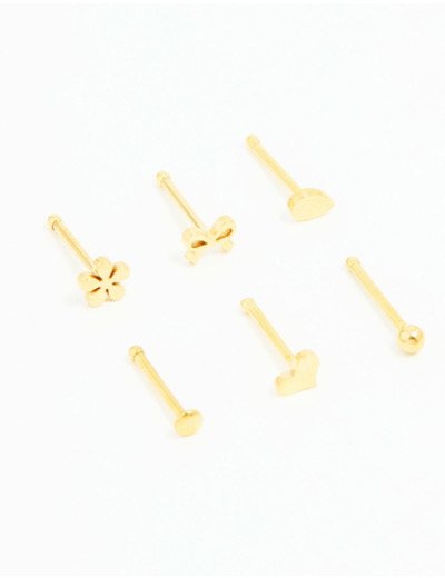 Gold Plated Surgical Steel Heart, Bow & Flower Nose Stud 6-Pack