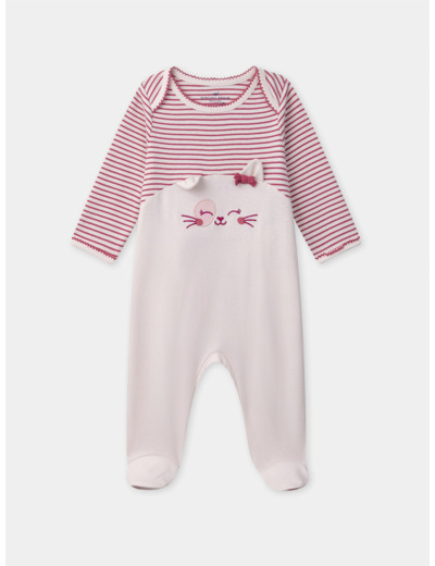 Grenouillère rose à rayures et rose pale uni avec chat sans pressions Bébé Fille