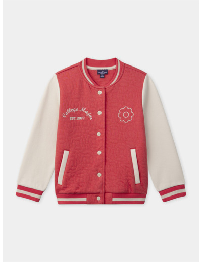 Veste Teddy rouge corail à broderie fleuries et manches longues écrues Fille