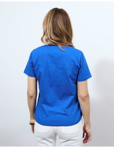 T-Shirt manches coude 100% coton uni décoré BLEU Femme
