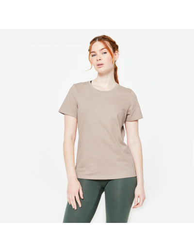 Tee-shirt en coton col rond femme, beige caramel