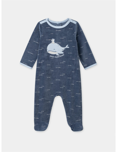 Grenouillère bleu en velours à broderie baleine oiseau Bébé Garçon